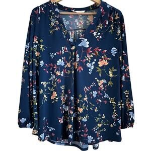 Two by Vince Camuto Floral Blouse | XL | Navy V-Neck Long Sleeve Top | EUC |